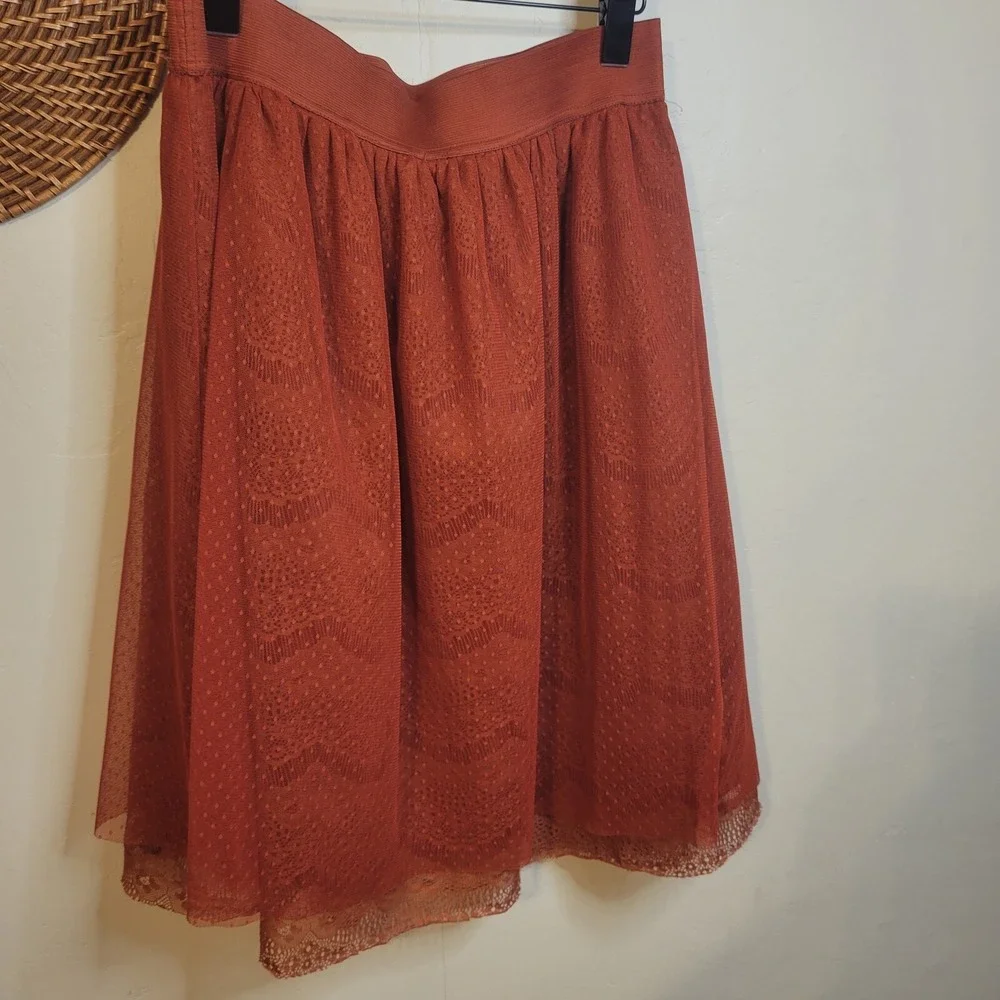 DownEast Rust Orange Lace Mesh Skirt Womens Medium‎ Scalloped Hem Knee Length